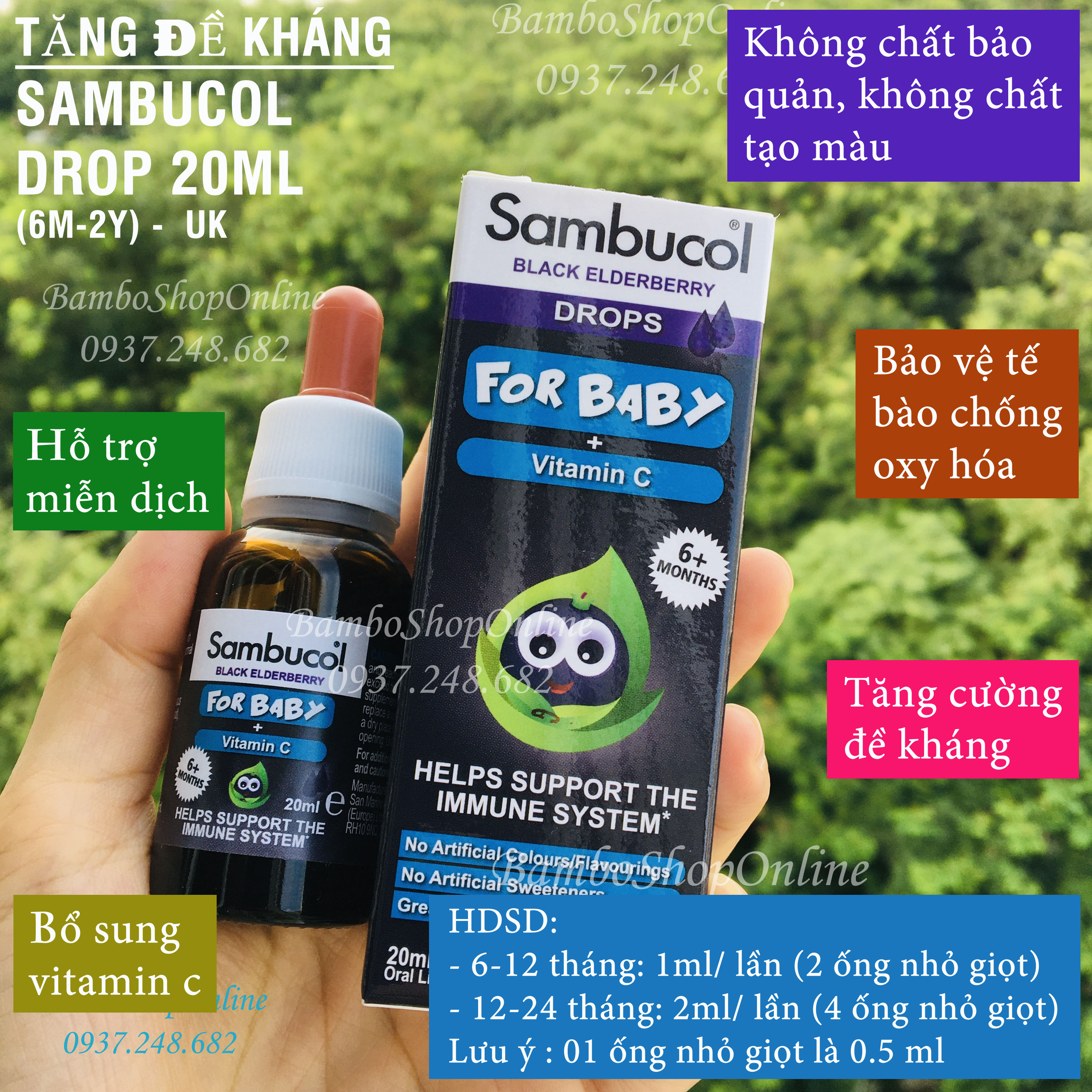 Siro tăng đề kháng SAMBUCOL 120ml UK (dành bé từ 1-12 tuổi). 20ml(cho bé 6 tháng -2 tuổi)