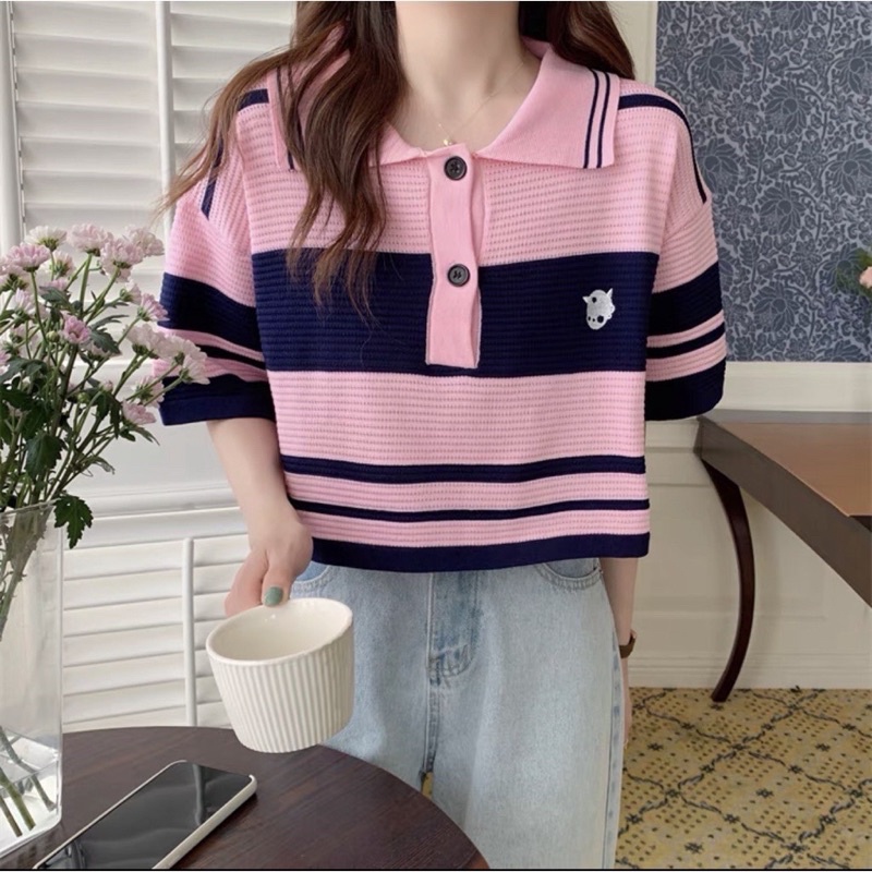 Áo len kẻ cộc tay mongtoghi cổ bẻ dáng ngắn free size
