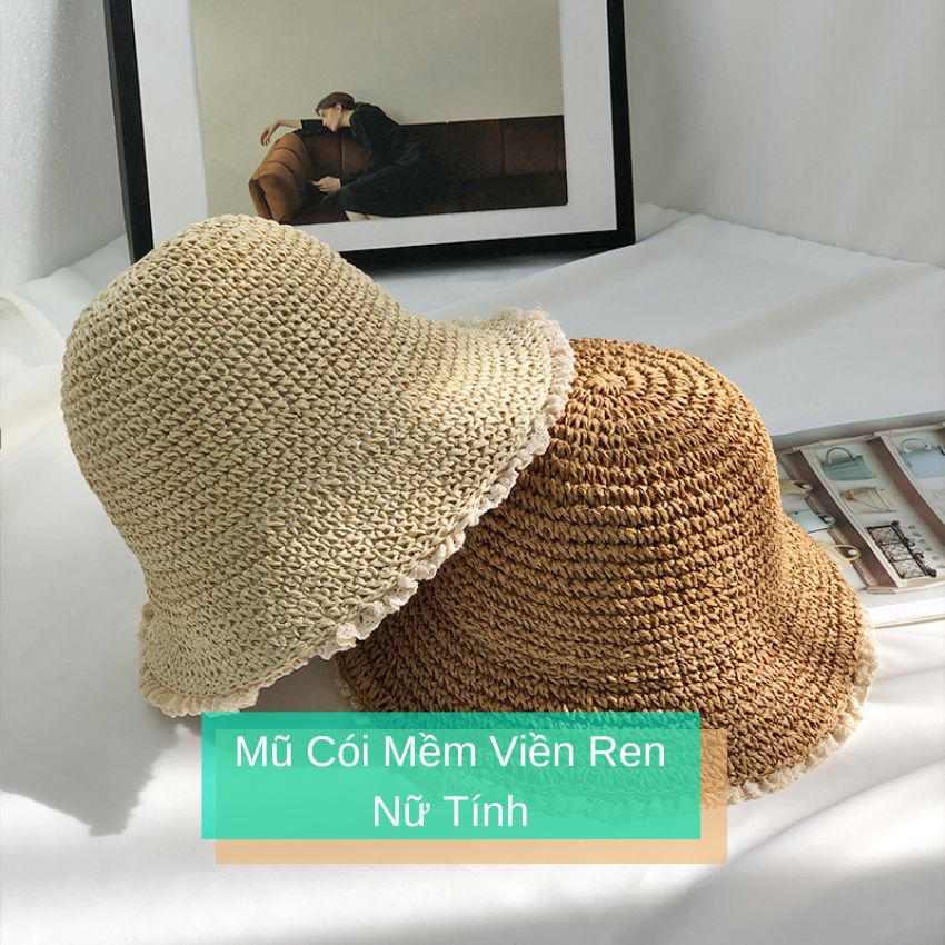 Mũ Bucket cói mềm viền ren nữ tính
