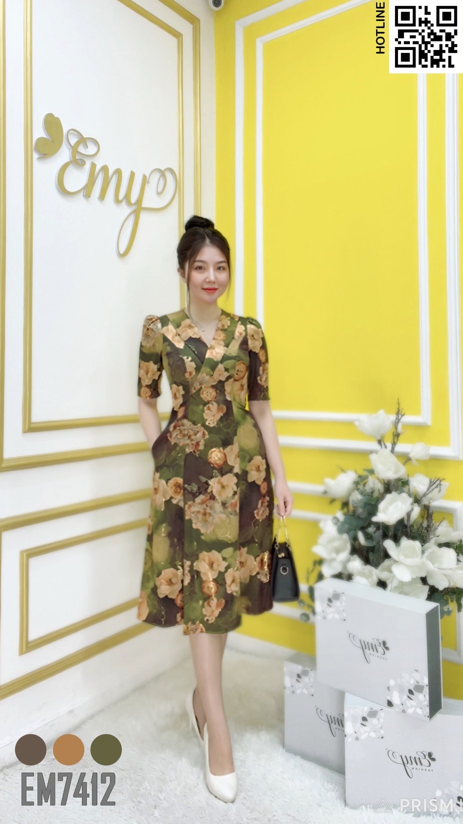 Đầm emy em7412 xoè cổ v lụa vân pháp xanh