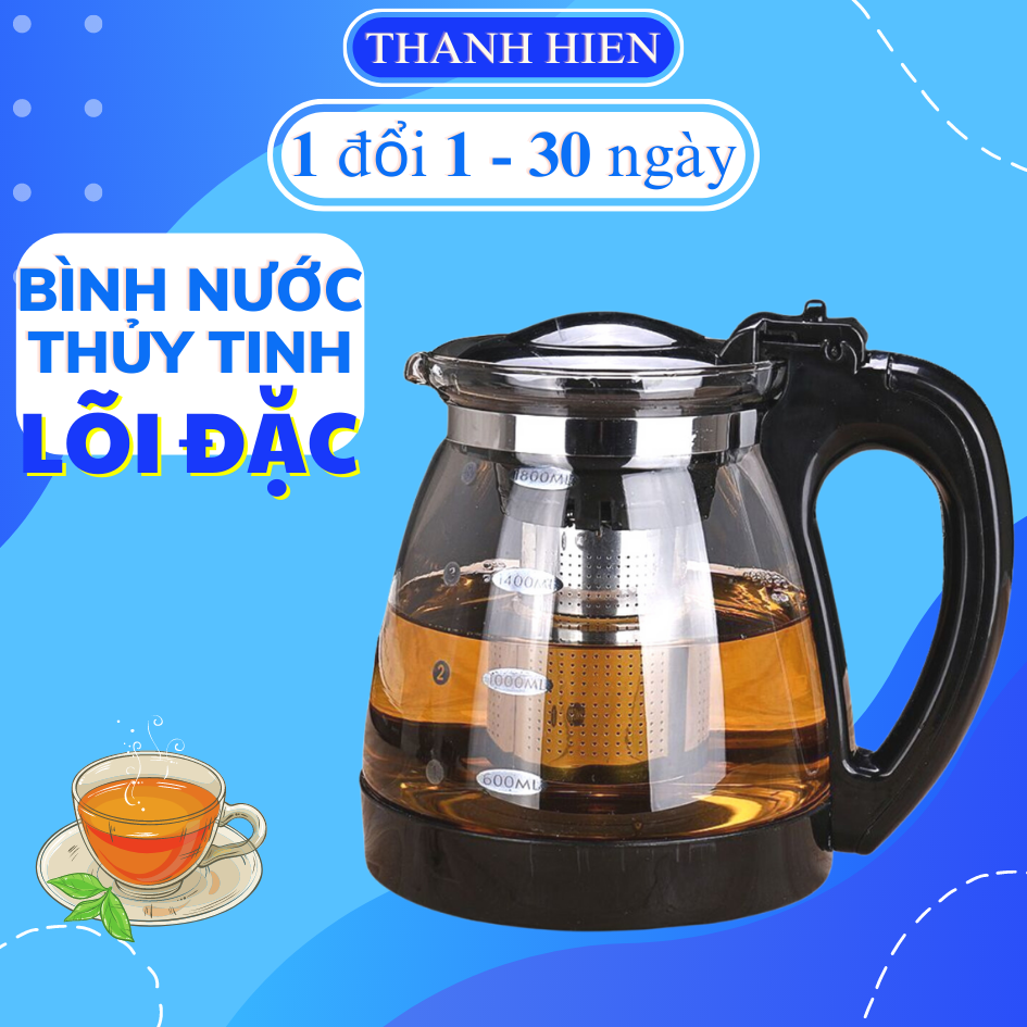 Bình pha trà thuỷ tinh có lõi lọc dung tích 1500ml , bình nước thủy tinh có lõi lọc trà inox nắp đậy và quai cầm chống nóng cao cấp