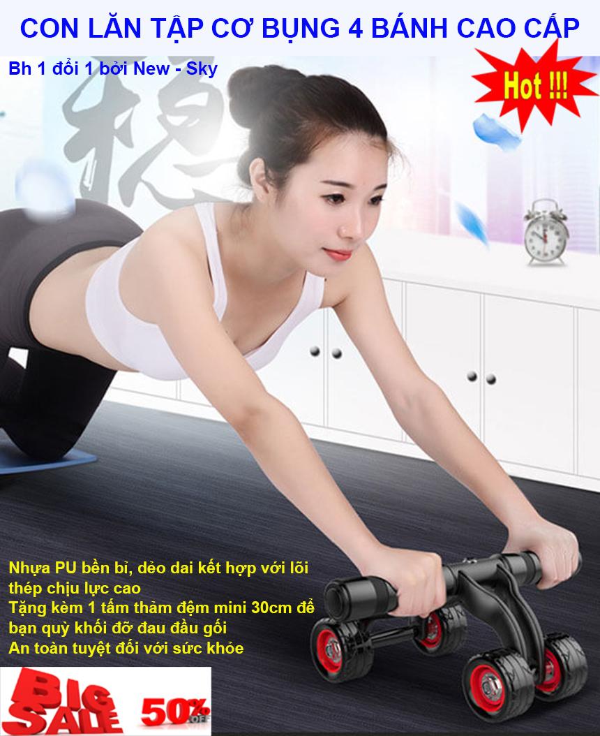 Con lăn tập cơ bụng 4 bánh tặng kèm thảm lót, dụng cụ tập thể dục giúp giảm mỡ và săn chắc vùng bụng hiệu quả