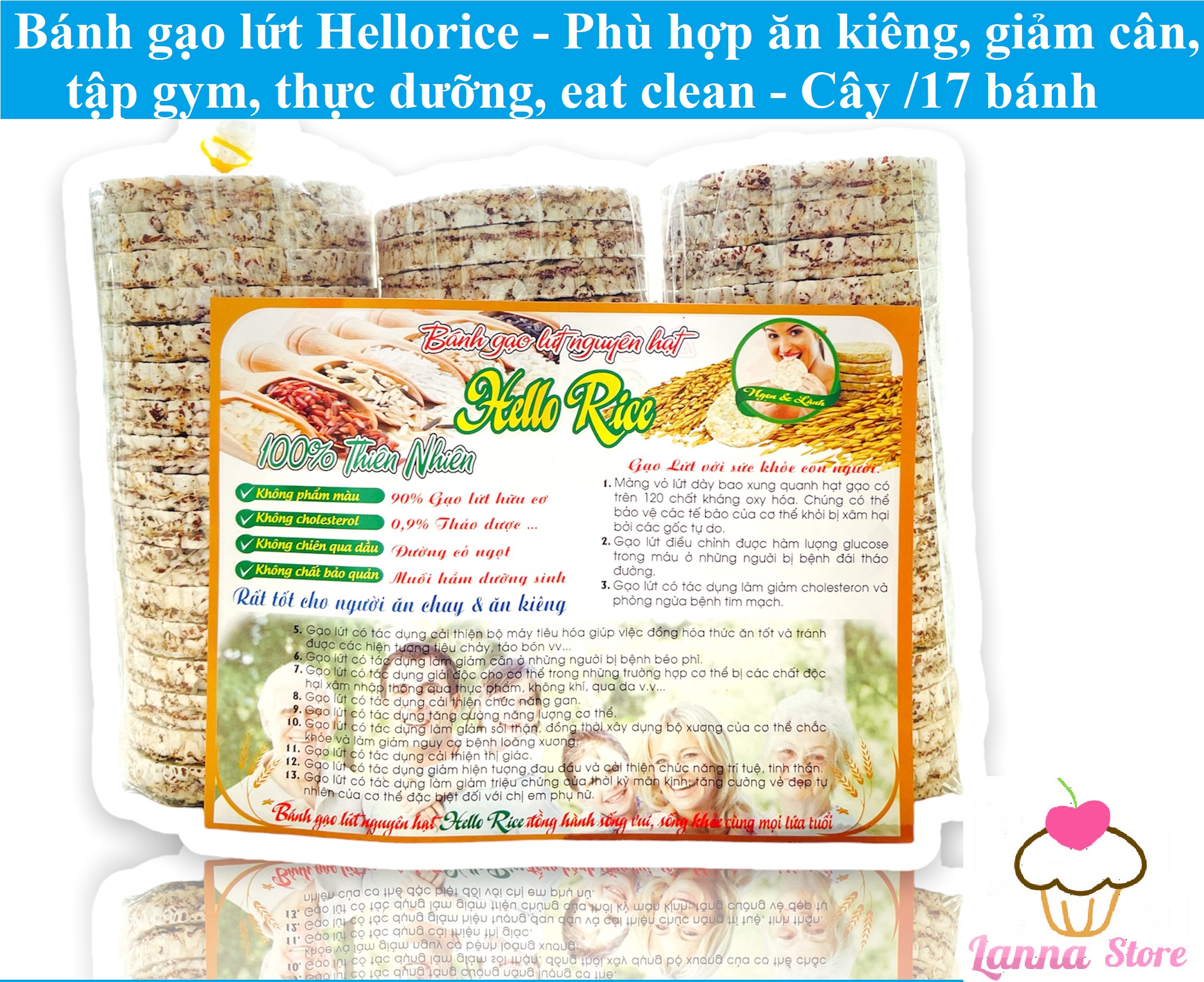 Bánh gạo lứt Hellorice - Phù hợp ăn kiêng giảm cân tập gym thực dưỡng eat clean - 1 Cây /17 bánh