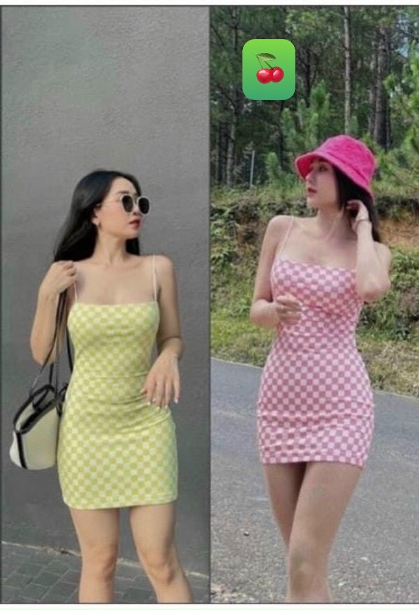đầm 2 dây bún caro chất thun gân-ringu shop