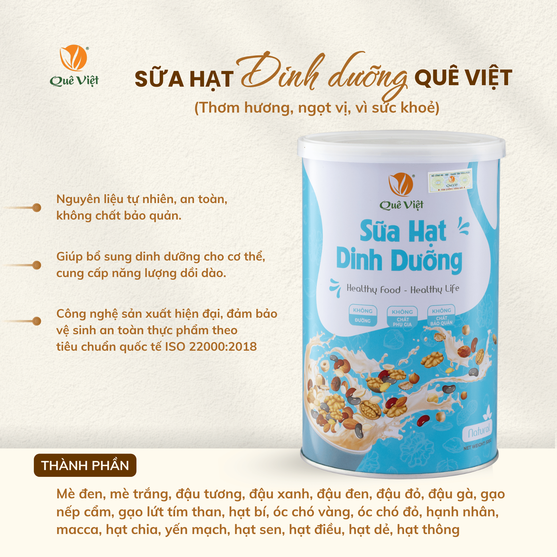 Sữa hạt dinh dưỡng Quê Việt (Lon 500G)
