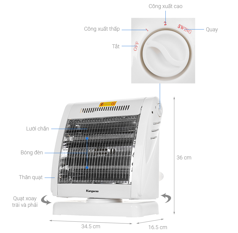 Sưởi halogen 2 bóng Kangaroo KG1018C