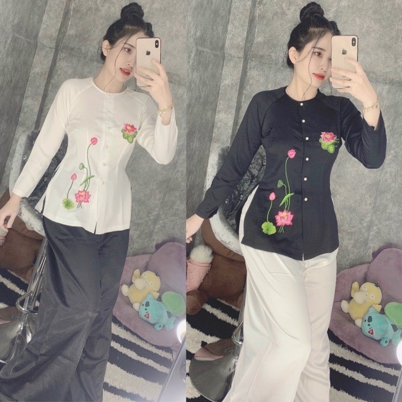 ÁO BÀ BA THÊU HOA SEN LỤA TƠ TẰM