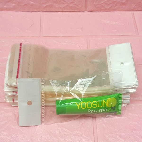 1kg Túi Opp dán mép (Treo) 8x12cm (+ 4cm + 4cm) - Túi ni lông băng keo dán miệng - Bao nilon dán miệng