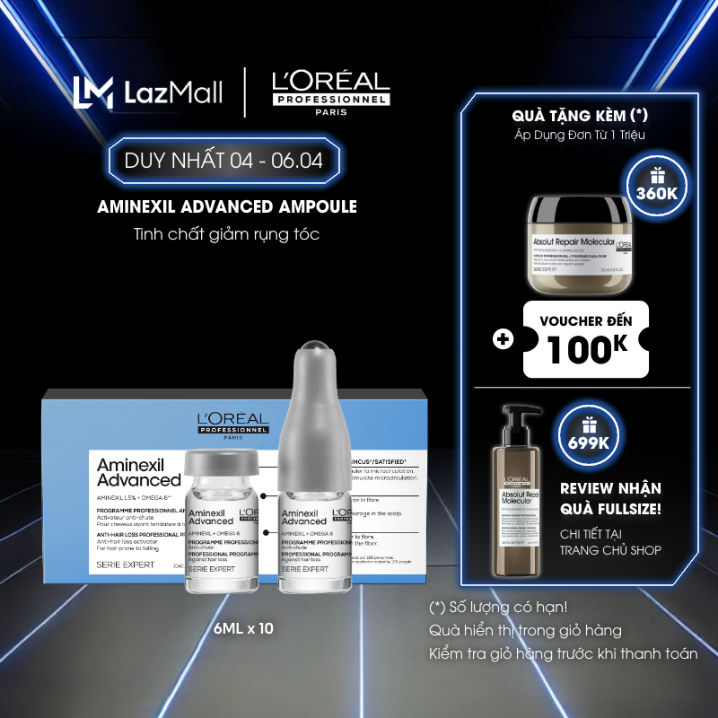 Tinh chất giảm rụng tóc chuyên nghiệp L'Oréal Professionnel Aminexil Advanced Ampoule (10 lọ x 6ml) MỚI