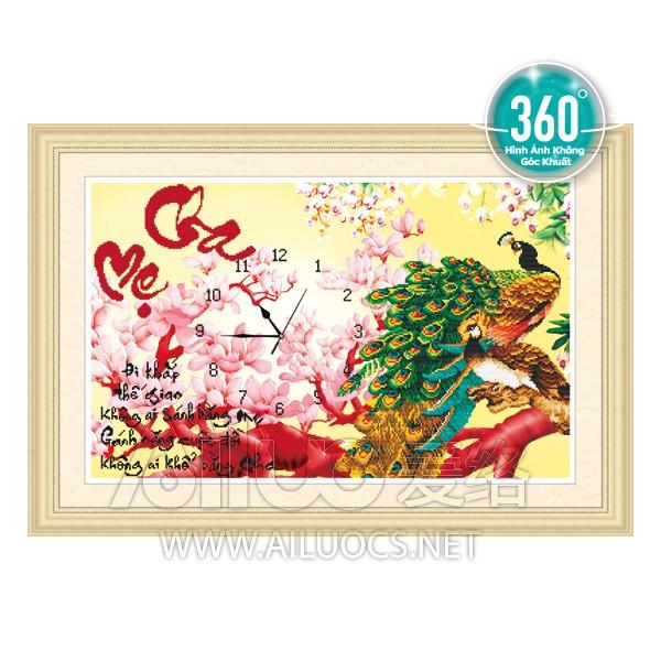 [HCM]Tranh đính đá đồng hồ cha mẹ con công 77335