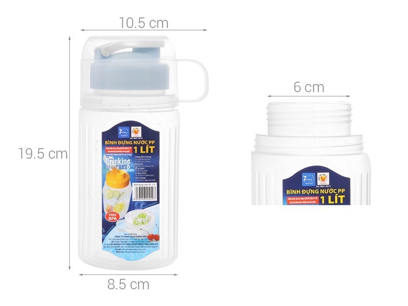 Bình nước siêu sạch có nắp vặn an toàn, 1 lít kèm ca rót