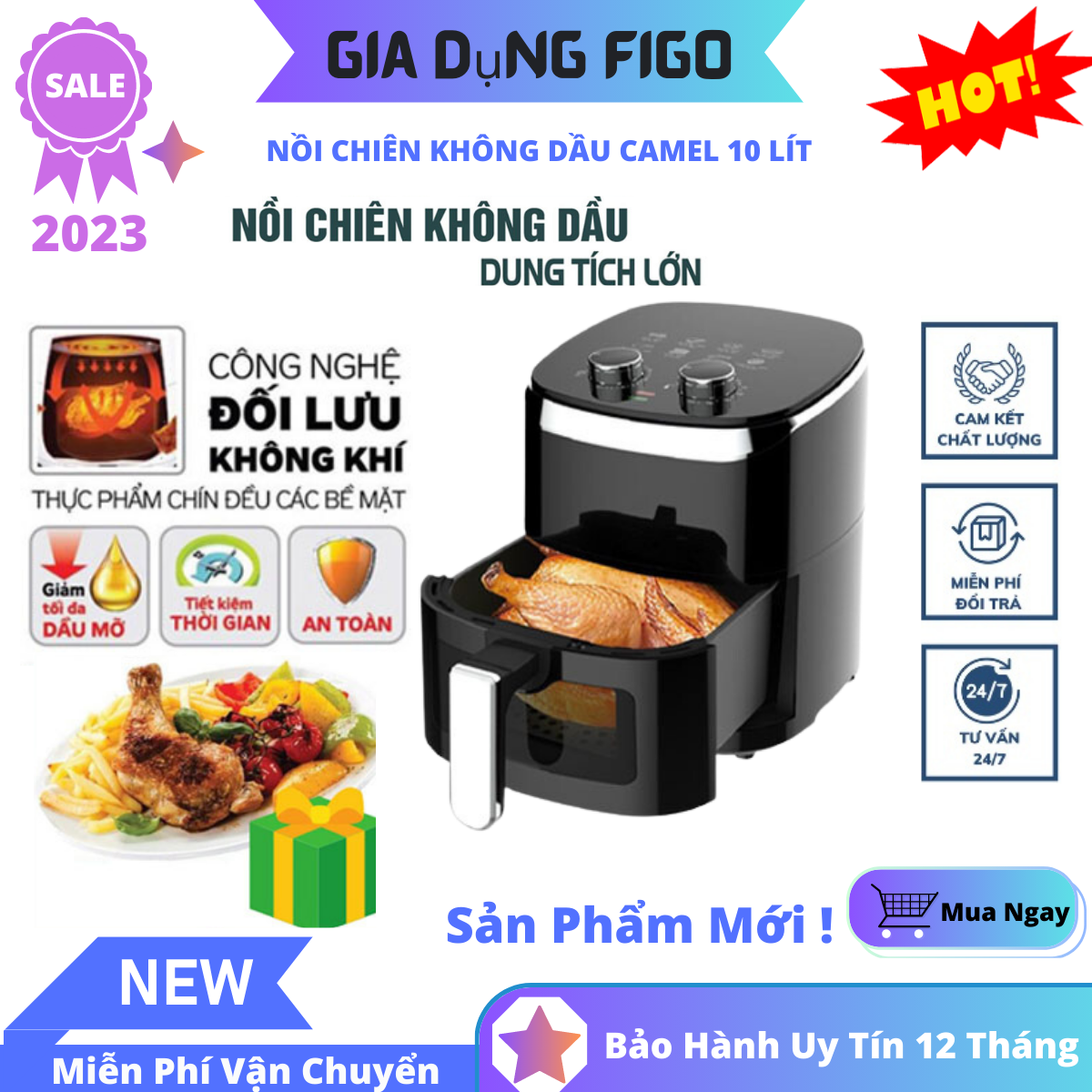 Nồi Chiên Không Dầu - Nồi Chiên Không Dầu Camel 10 Lít Hàng Chính Hãng, Nồi Chiên Không Dầu Giá Rẻ Dung Tích Lớn Có Thể Nướng Cả 1 Con Gà Với Công Nghệ Rapid Air Làm Chín Thực Phẩm Rất Nhanh, Cực Tốt Cho Sức Khỏe,Công Suất Lớn 1500W