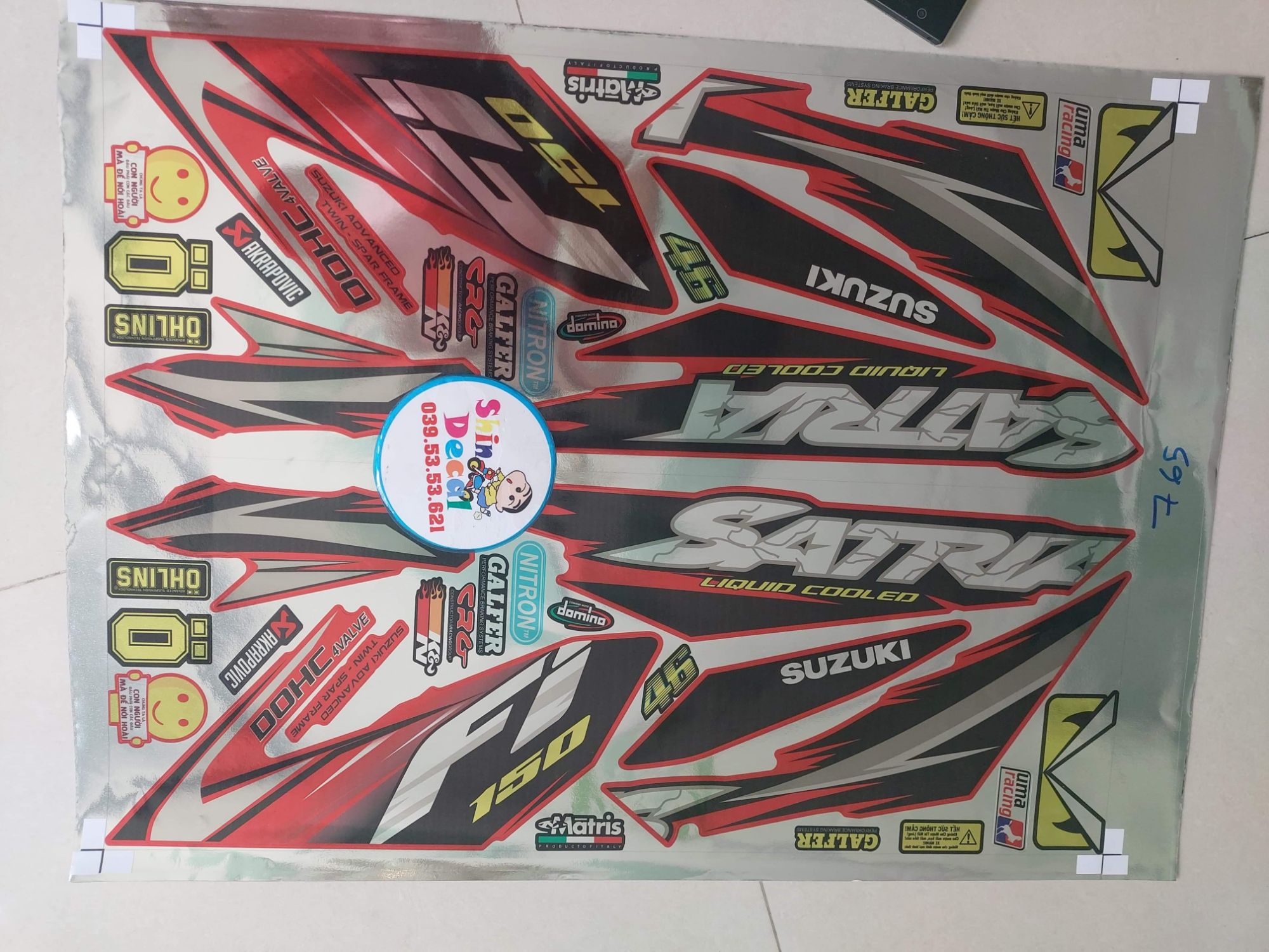 Tem satria fi crom dán xe đỏ tặng logo i hình