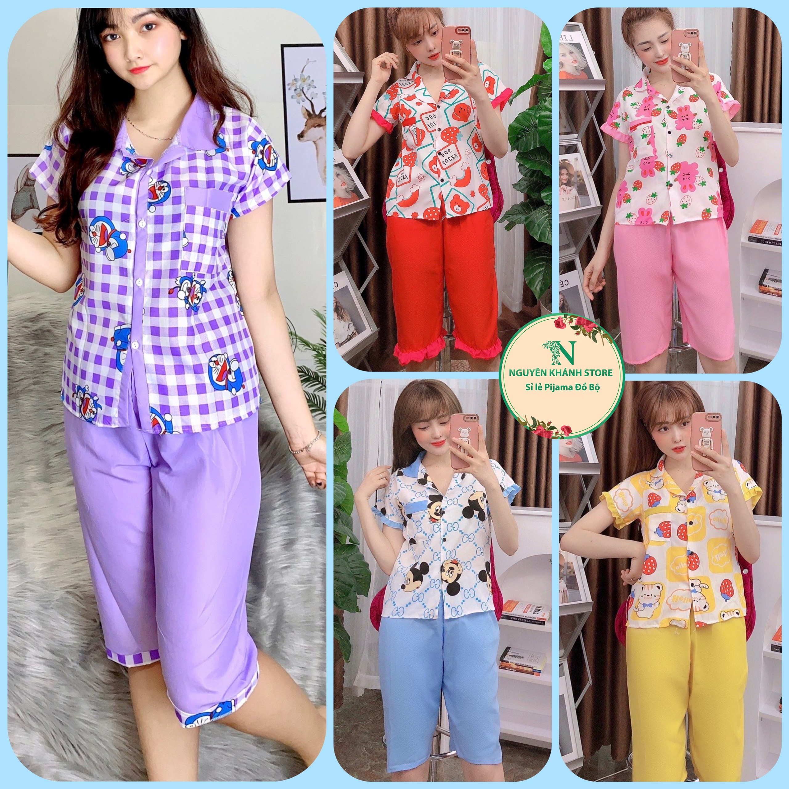Set bộ đồ lửng phối viền vải kate lụa mát mịn freesize dưới 58kg