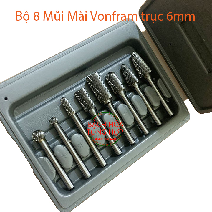 Bộ 8 mũi mài, khắc, làm lũa vonfram cao cấp trục 6mm đầu mài 6 - 11mm