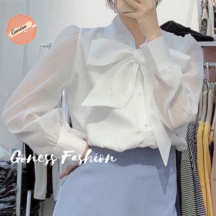 Áo sơ mi nữ Goness cổ thắt nơ chất vải voan tơ cao cấp thiết kế tay bồng phối khuy ngọc thời trang