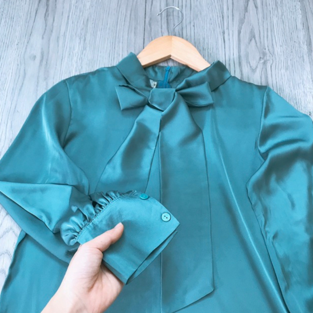 [HCM]Áo sơ mi nữ cổ nơ màu xanh cao cấp