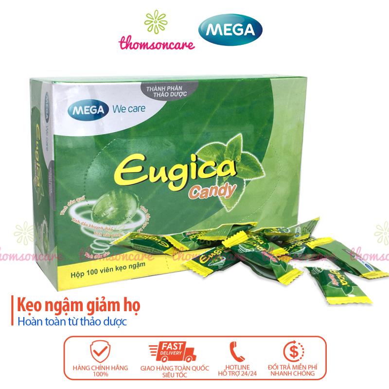 Eugica hộp 100 viên kẹo ngậm giảm ho đau họng từ thảo dược - từ tinh dầu gừng, bạc hà, quế, khuynh diệp thomsoncare eucatana siro ho nhập khẩu