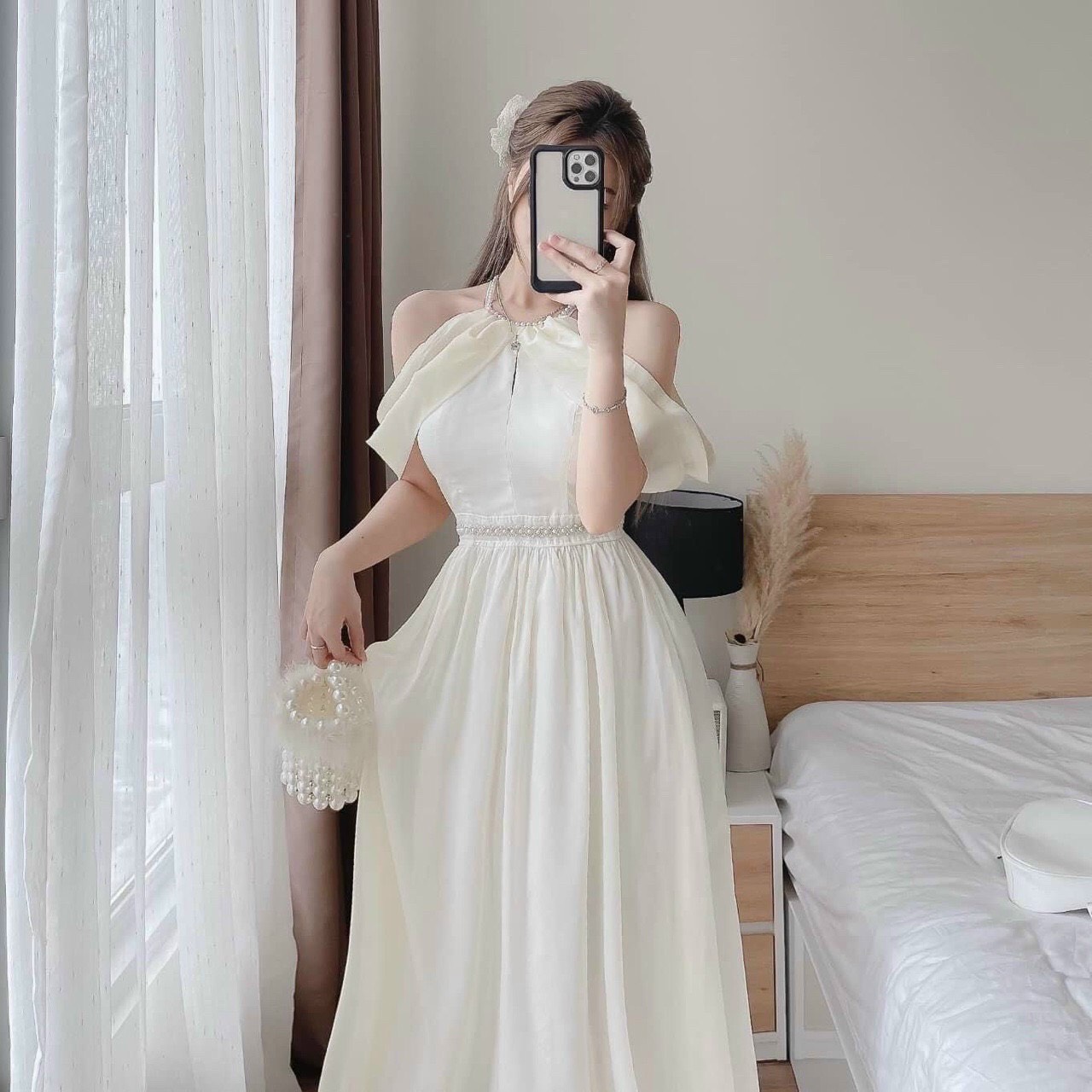 Váy đầm nữ chất liệu voan phối dây cườm cổ