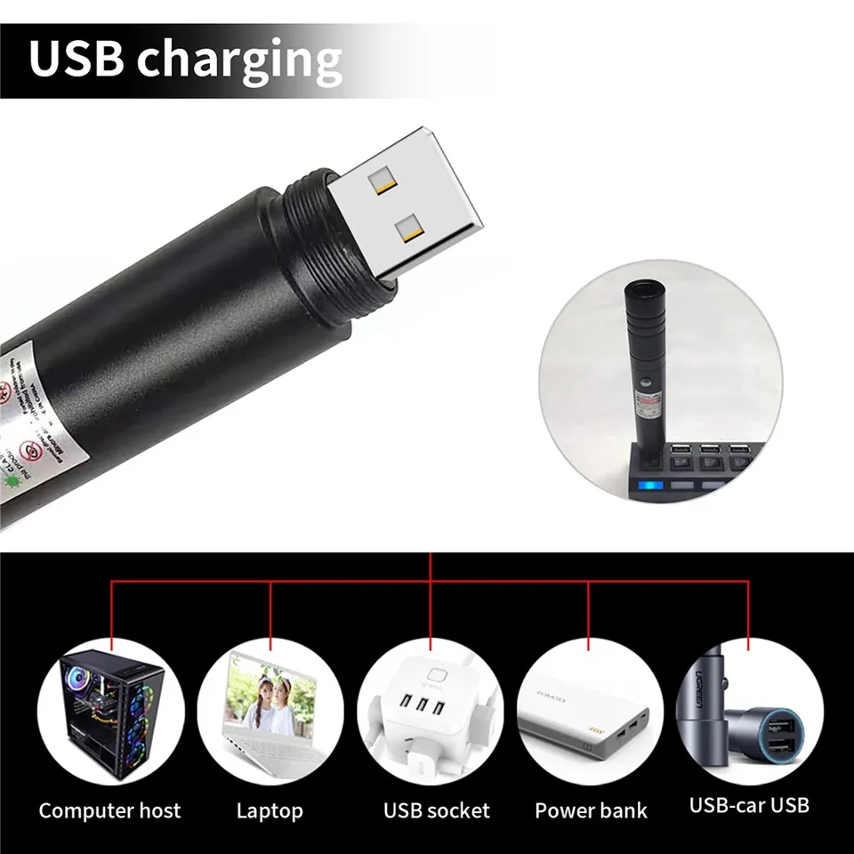Đèn pin lazer siêu mạnh nhỏ gọn bỏ túi sạc lại qua cổng USB tia xanh