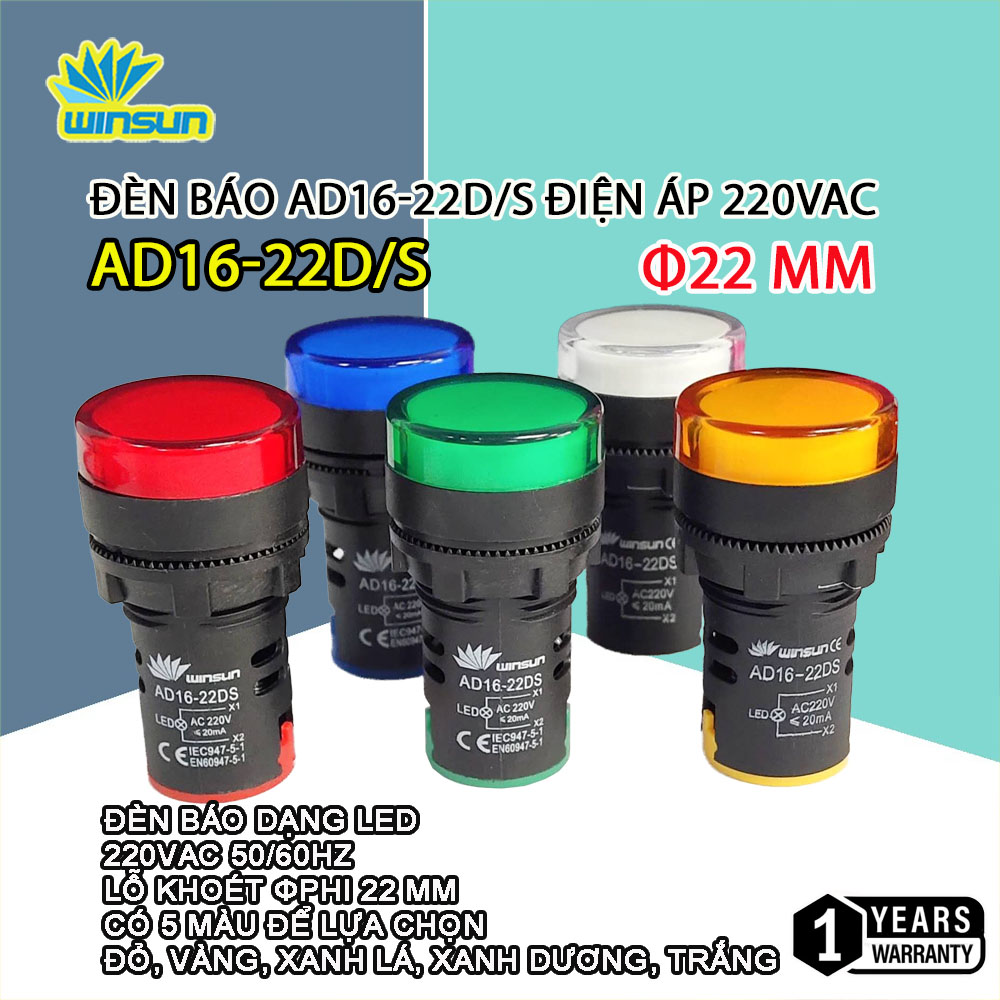 Đèn báo pha phi 22, báo nguồn phi 220V - AD16 5 Màu Winsun