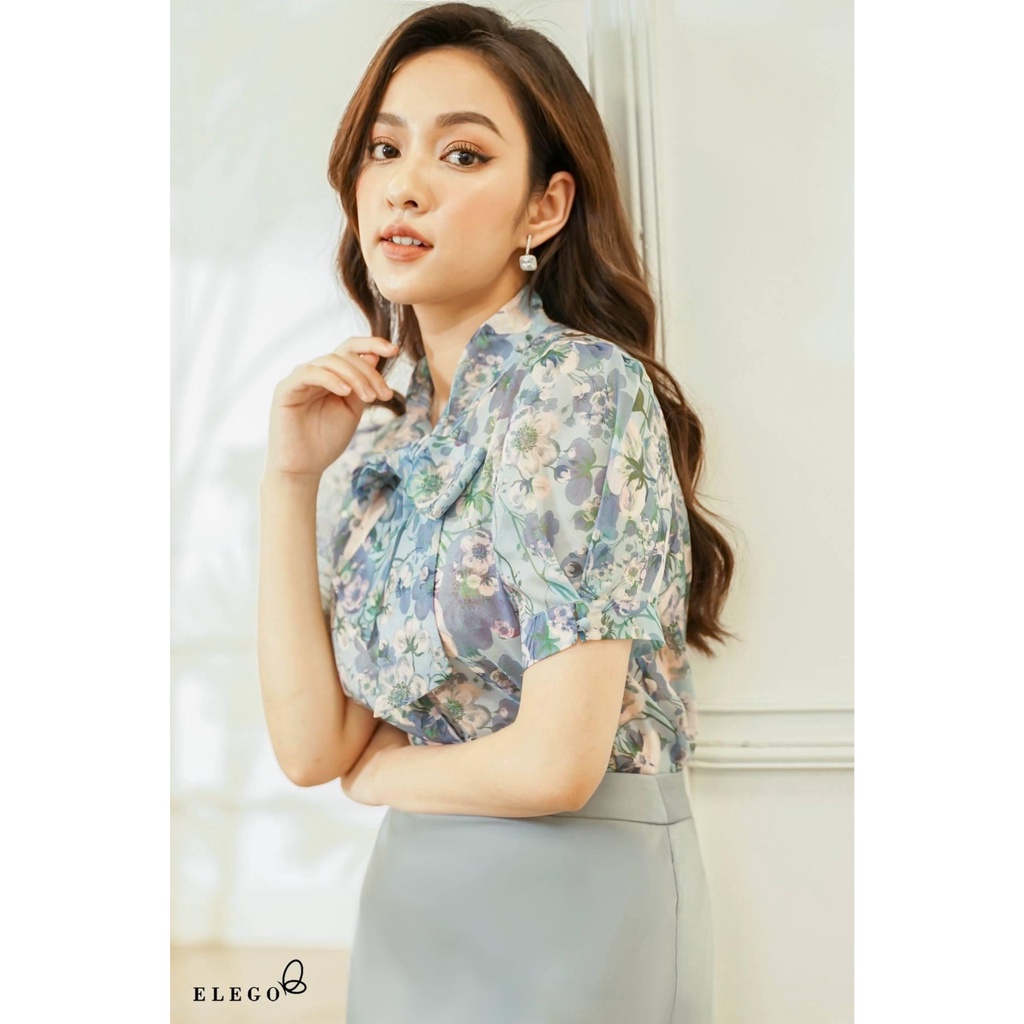 Set áo hoa cổ nơ chân váy lụa xanh
