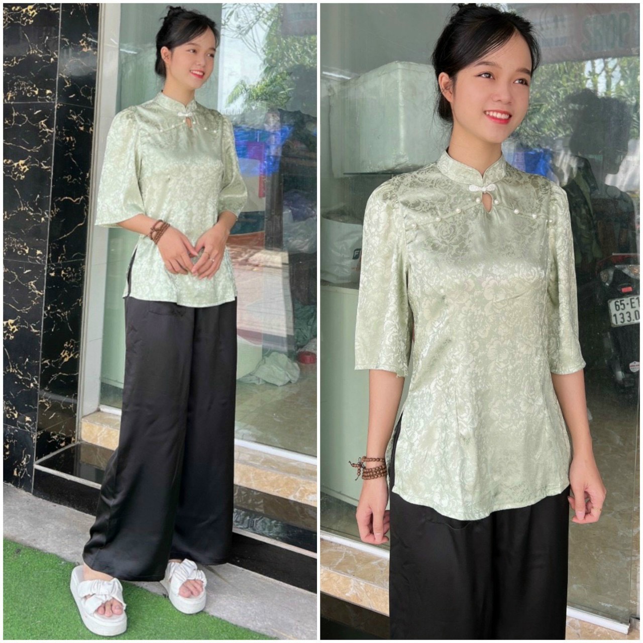 Áo bà ba cách tân gấm giọt nước