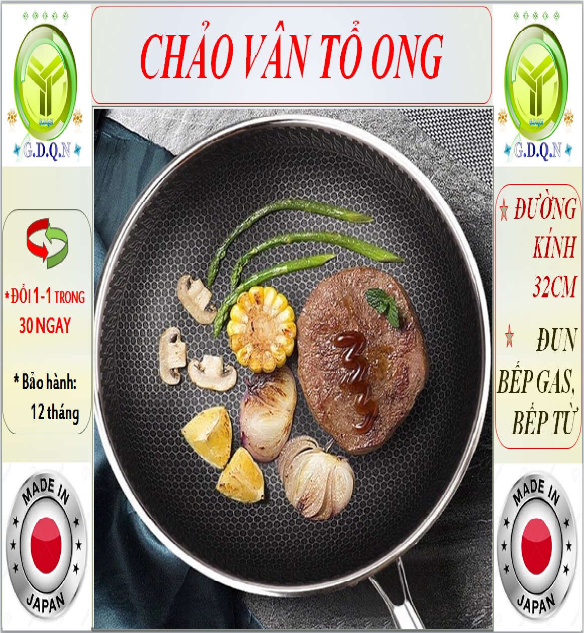Chảo vân tổ ong sâu lòng size 32cm, nấu được bếp gas, bếp từ, chảo ong