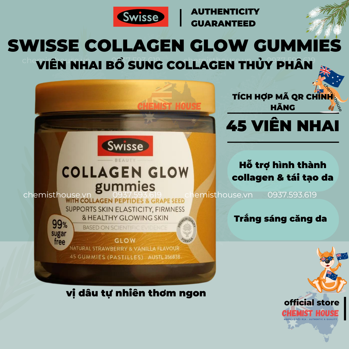 Kẹo dẻo bổ sung Collagen thủy phân Úc - Swisse Beauty Collagen Glow Gummies 45 viên