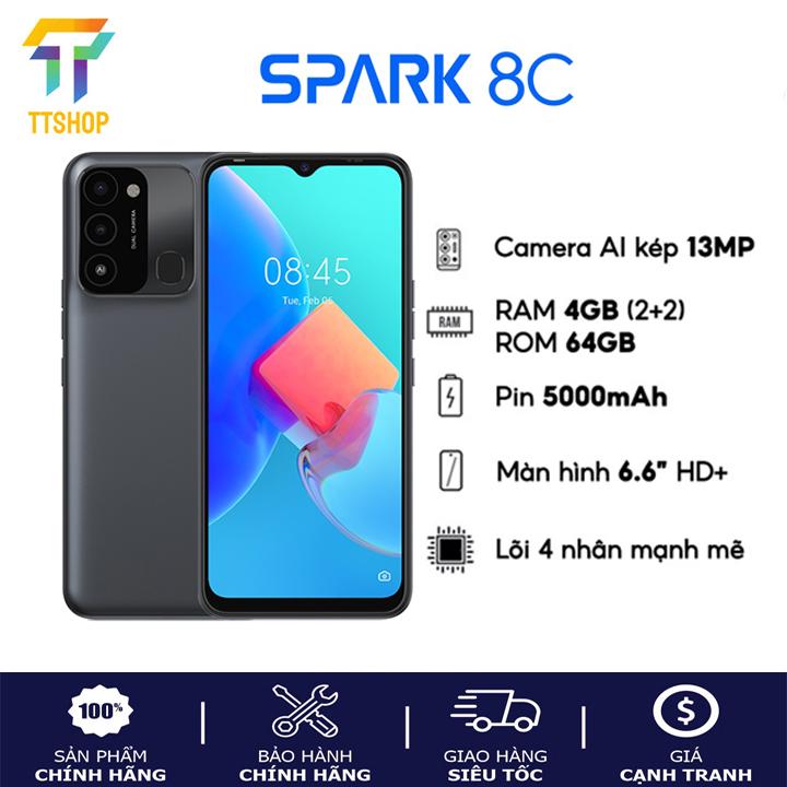 Điện thoại TECNO Spark 8C (2GB+2GB/64GB) - RAM ảo tới 4GB |Pin 5000 mAh | 6.6" HD+ Mới nguyên seal - Hàng chính hãng