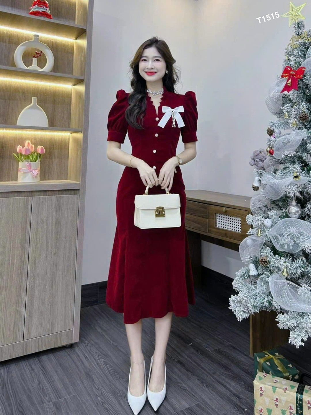 Đầm nhung cổ tim dáng dài đuôi cá xinh tay ngắn có đính nơ dễ thương thanh lịch nhung cao cấp T1515