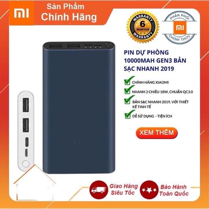 Sạc Pin dự phòng Xiaomi Gen 3 10.000 amh 18W - Sạc nhanh cổng Type-C- Thiết Kế Tinh Tế, vỏ kim loại sang trọng, Cổng sạc vào Micro USB & USB-C, chuẩn QC3.0 - Nhỏ Gọn - Bền Bỉ Tiện Lợi - Bảo Hành 12 Tháng.