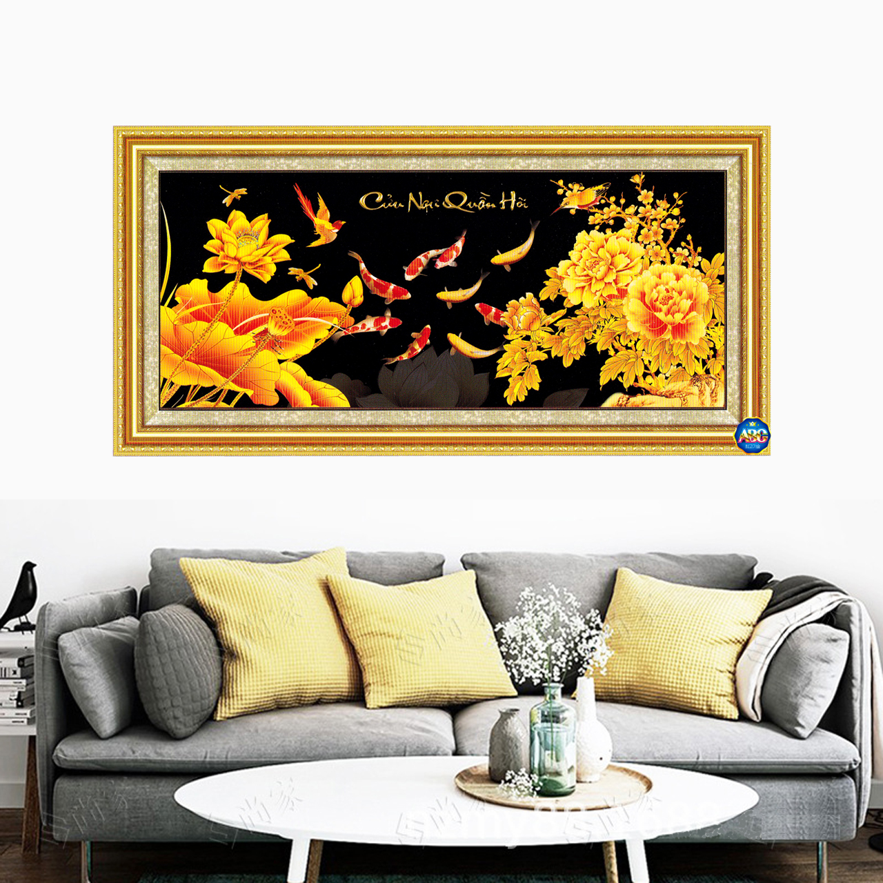 Tranh đính đá tự làm - tranh đính đá cửu ngư quần hội df040: 110*50cm - tự đính