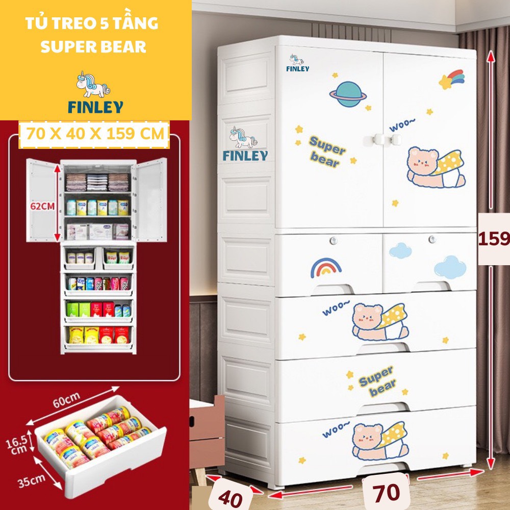 Tủ nhựa cho bé và người lớn 5 - 6 - 7 tầng Finley gấu nâu Teddy, thỏ xanh, thỏ hồng, khủng long, hổ con