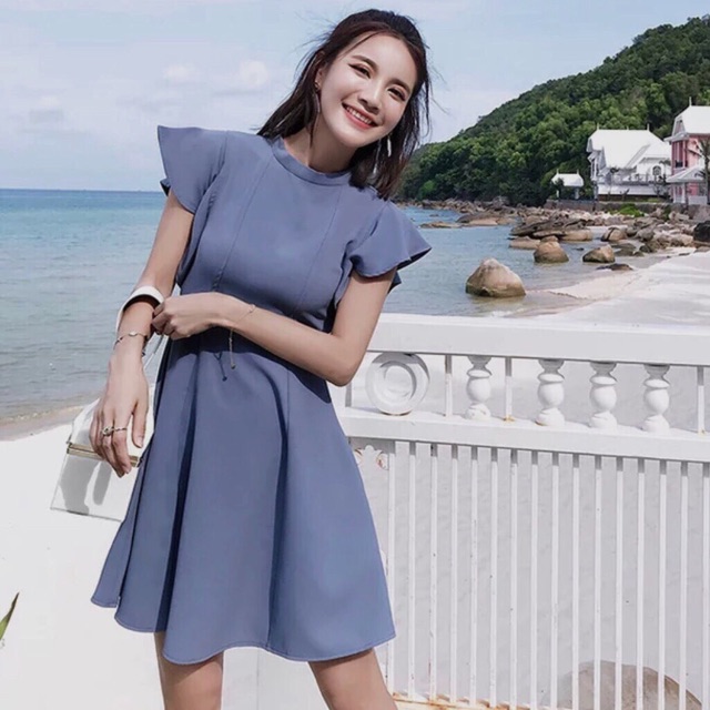 [HCM]Đầm xanh đậm cổ trụ tay bèo