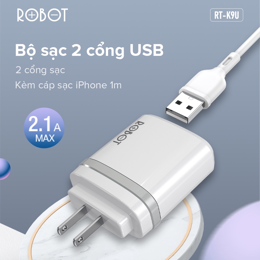 Bộ Cốc & Cáp Sạc ROBOT RT-K9U 2 Cổng USB Chính Hãng