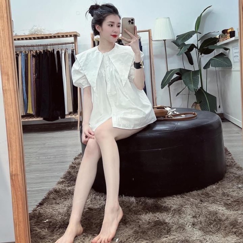 Áo sơ mi thô cổ lá from rộng gs95