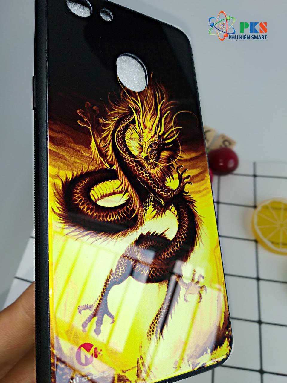 Ốp lưng Oppo F5 in 3D hình rồng dạ quang mặt lưng kính cường lực