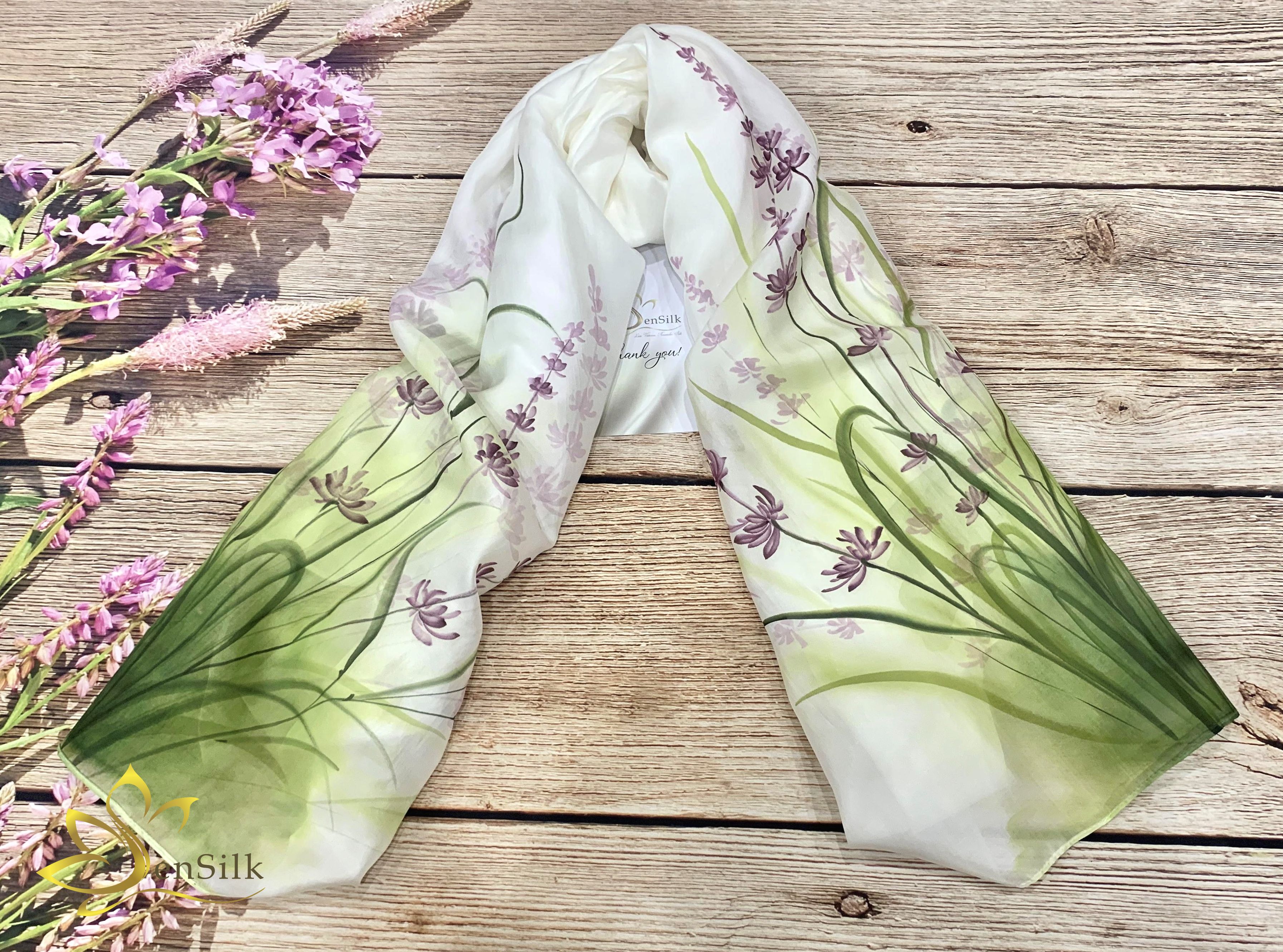 Phụ Kiện Lụa Tơ Tằm Thời Trang - Khăn Lụa Vẽ Thủ Công Lavender SenSilk 160x550cm, Khăn Lụa Dài, Lụa Vẽ Tay, Hand Painted Silk