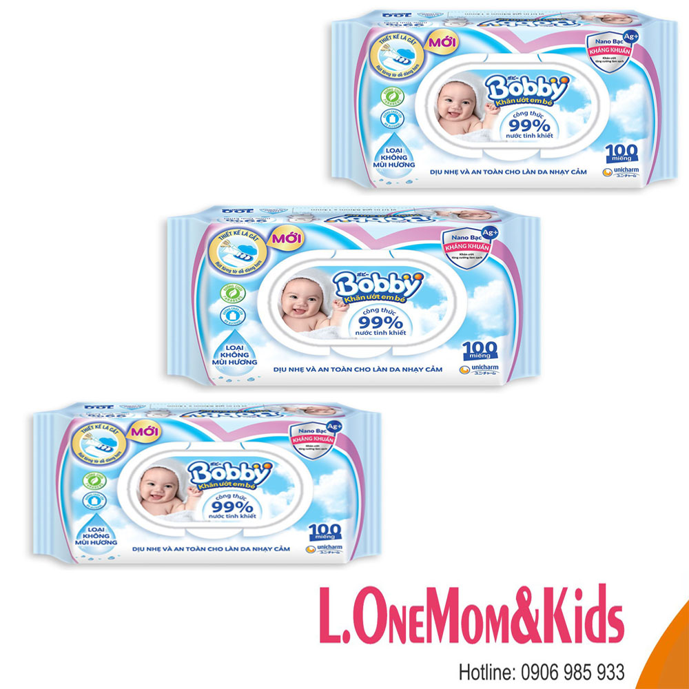 COMBO 3 GÓI KHĂN ƯỚT BOBBY KHÔNG MÙI (100 MIẾNG)