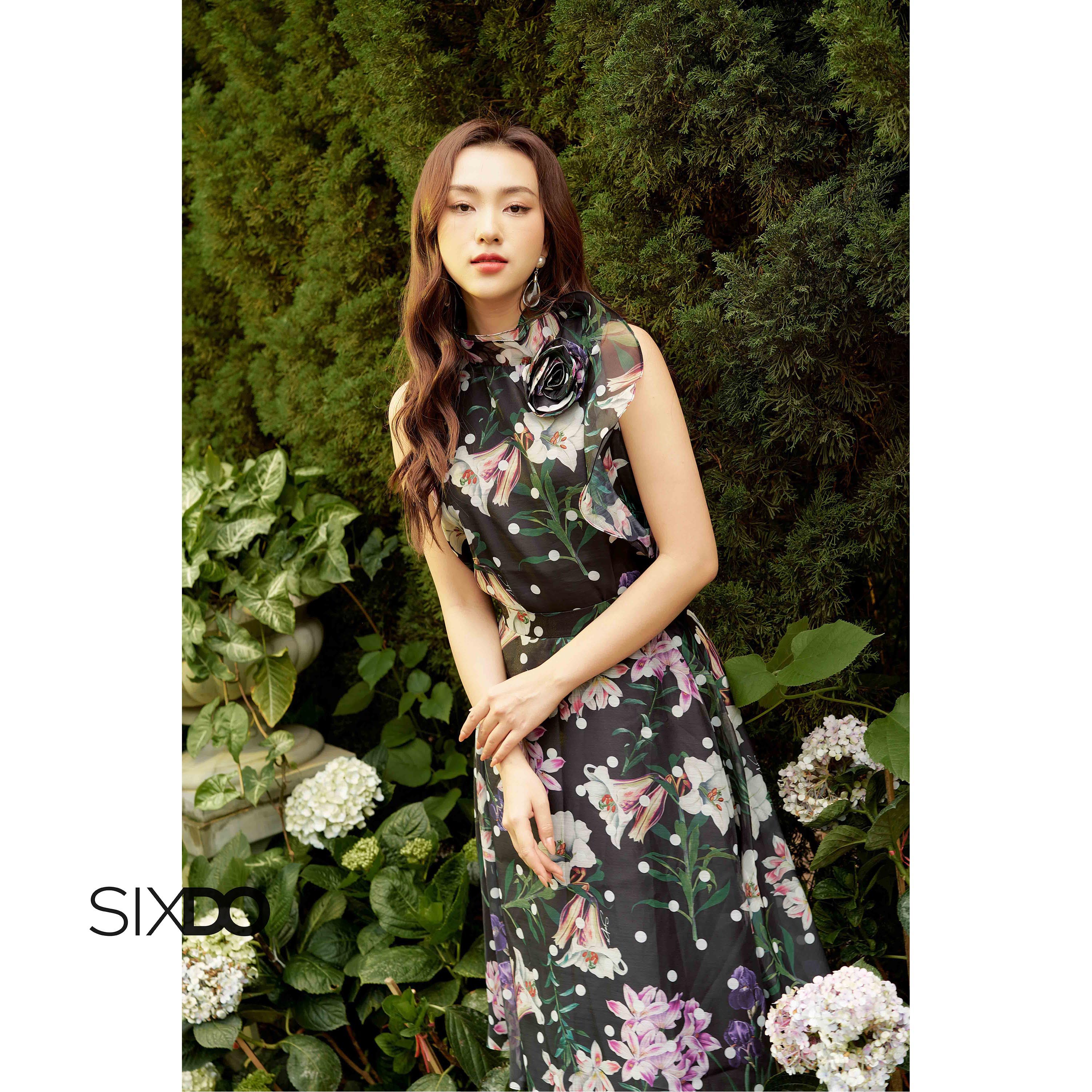 Chân váy tơ midi dáng xòe hoa SIXDO (Black Lily Midi Skirt)
