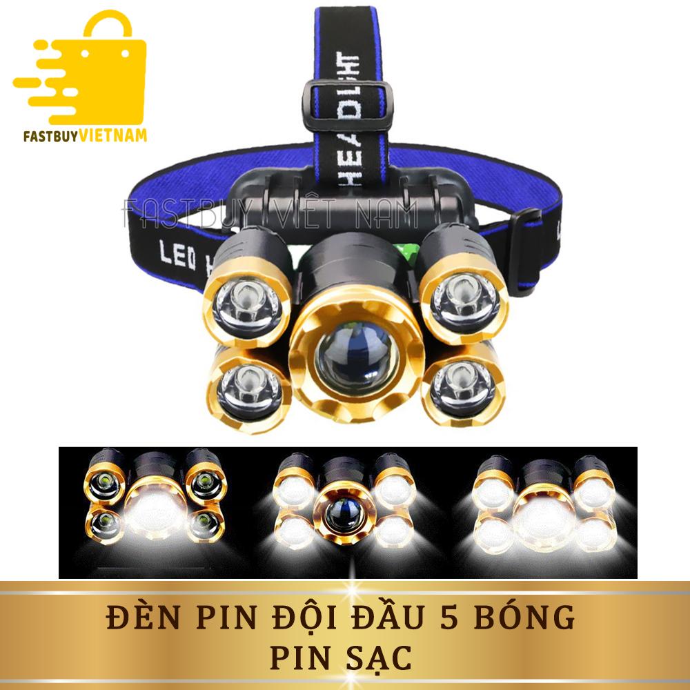 Đèn Pin Đội Đầu Đeo Trán 5 Bóng T6 Siêu Sáng + Tặng Kèm Pin Sạc , Dây Sạc Chất Liệu Hợp Kim Nhôm Cao Cấp, Nhẹ, Dễ Đeo  Thuận Tiện Cho Việc Di Chuyển