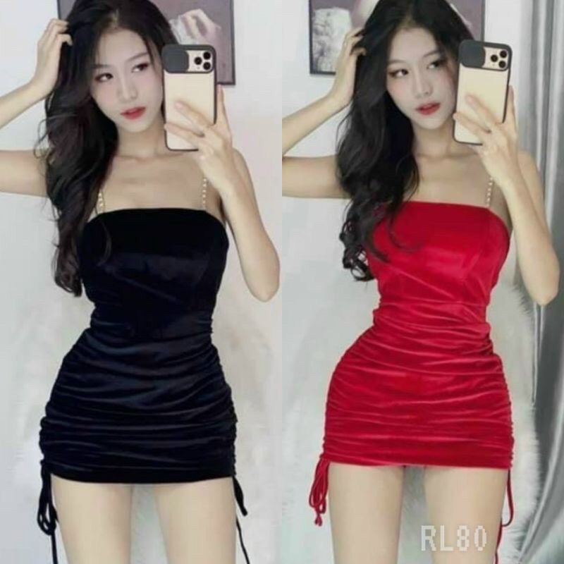 đầm 2 dây nhung phối xích dây rút 2 bên D108