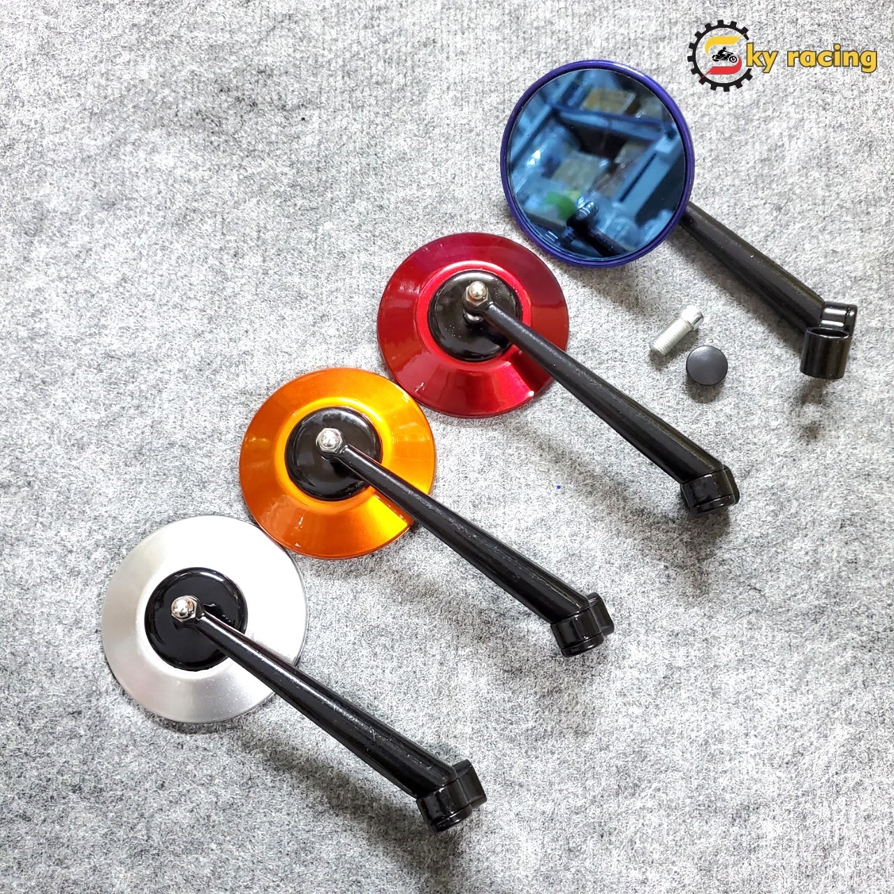 Gương chiếu hậu, kính chiếu hậu xe máy kiểu tròn phẳng mặt gương xanh ốc chân gương ren 10li răng thuận