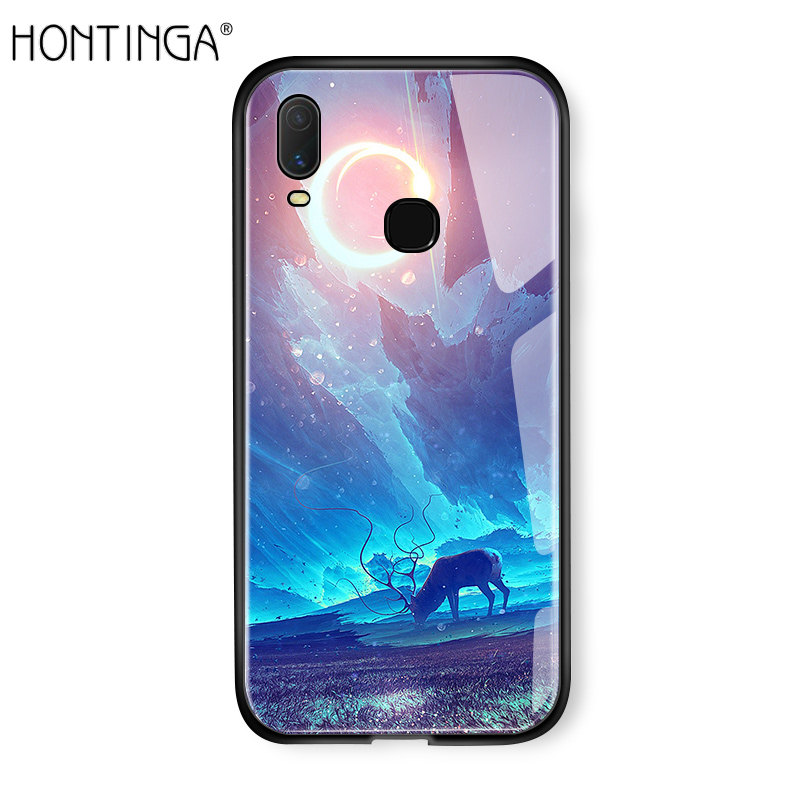 Hontinga For Vivo Y11 2019 Case Fantasy Space Luxury Aurora Moon Starry Elk Casingg Shockproof Galaxy Phone Cases Tempered Glass Back Cove
