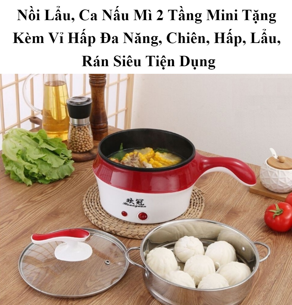 Nồi lẩu, ca nấu mì 2 tầng mini tặng kèm vỉ hấp đa năng, chiên, hấp, lẩu, rán siêu tiện dụng