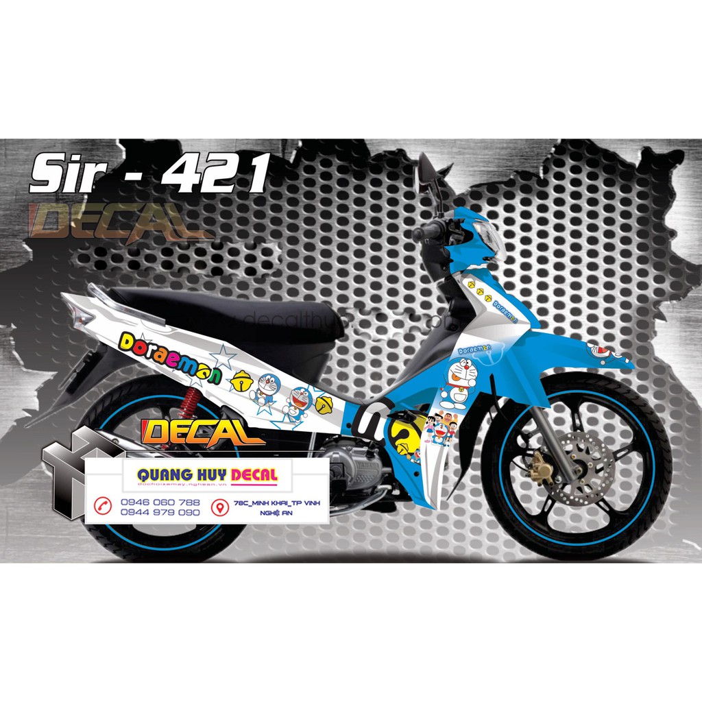 Tem trùm Sirius xanh trắng doremon rc, team trùm sirius đẹp, độ tem sirius, tem dán xe máy sirius, decal sirius, tem trùm sirius rẻ đẹp