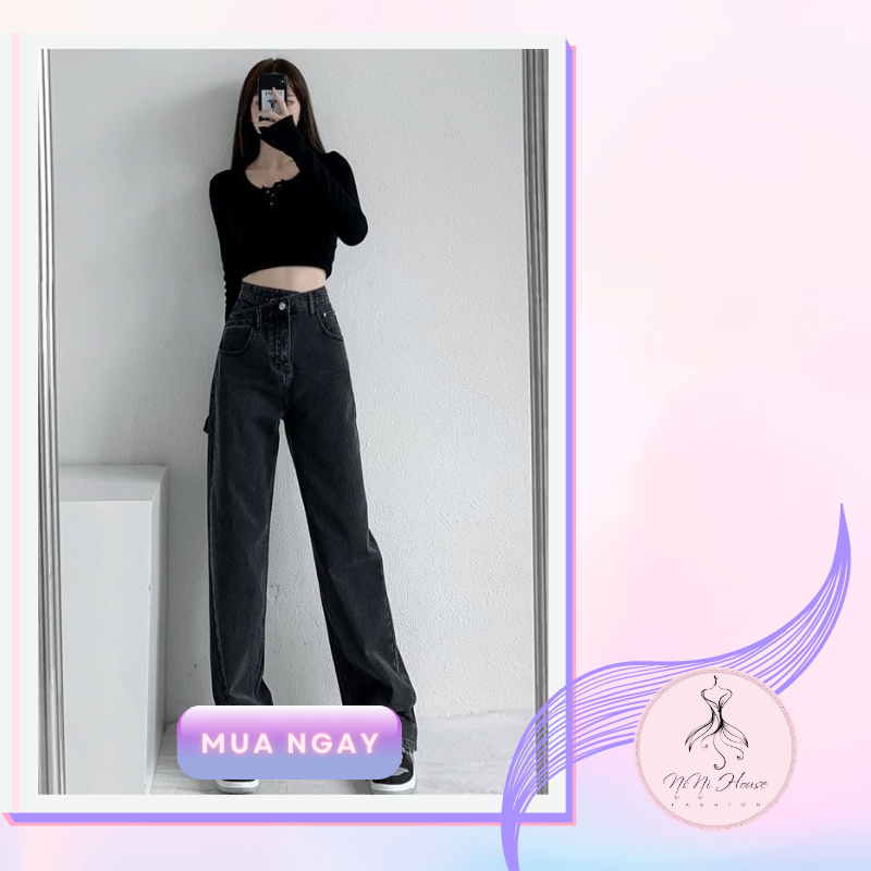 Quần jeans ống rộng ulzzang cạp chéo