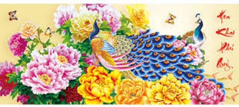 Tranh thêu chữ thập Hoa khai phú quý - LV3063