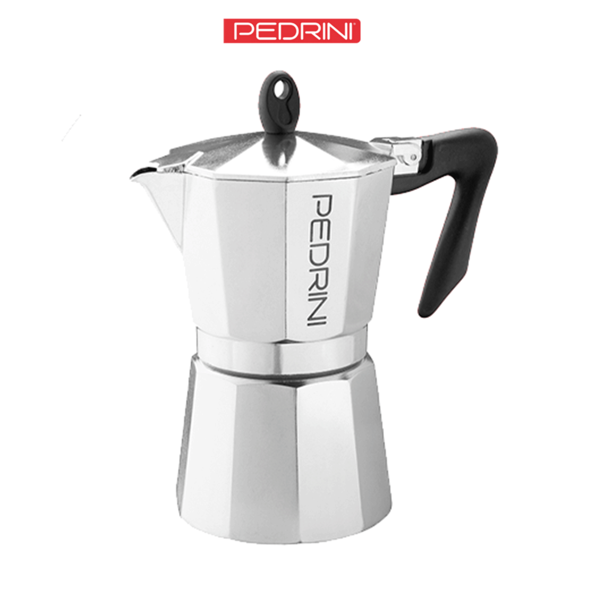 Ấm Pha Cà Phê Kiểu Ý Moka Pot PEDRINI Kaffettiera Bằng Nhôm Nhập Khẩu Chính Hãng - Loại 1,2,3, 6 Cups - Màu Đen